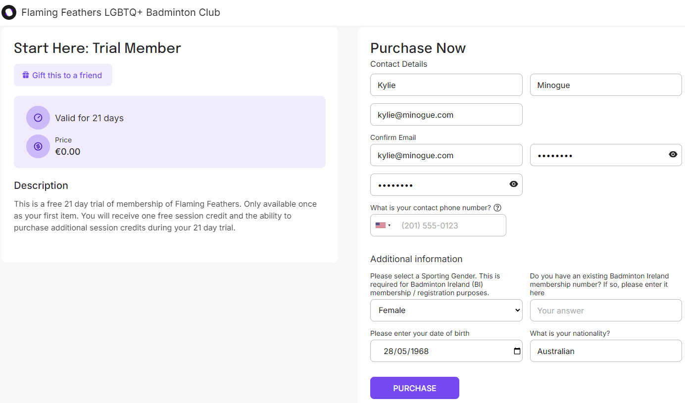 Flaming Feathers Trial Membership Page